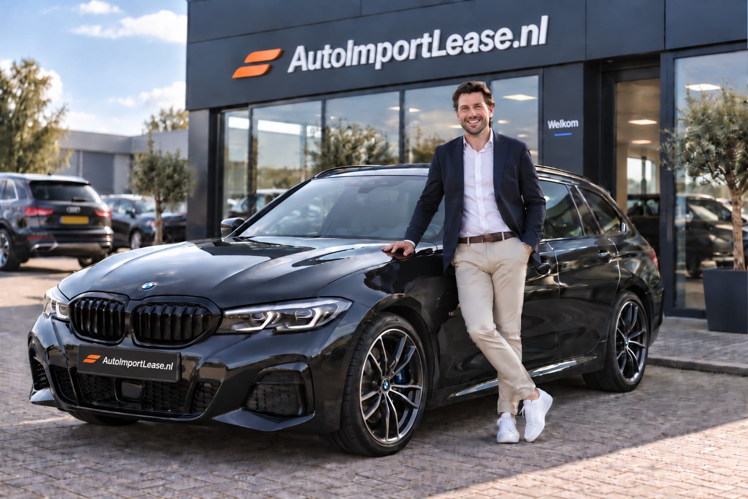 Ondernemer leunt tegen een zwarte BMW 3 Serie Touring met AutoImportLease.nl-plaat, rijklaar afgeleverd